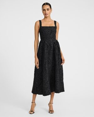 Floral Jacquard Square Neck Drop Waist Midi Dress