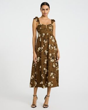 Floral Jacquard Sweetheart Sleeveless Corset Midi Dress