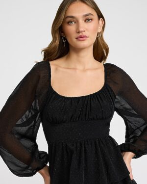 Dobby Print Long Sleeve Tiered Midi Dress