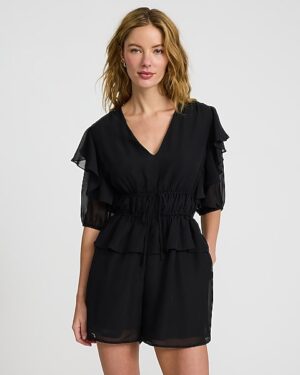 V-Neck Short Sleeve Tie Front Ruffle Romper with Pockets