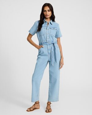 Light Wash Short Sleeve Straight Leg Belted Denim Jumpsuit with Pockets
