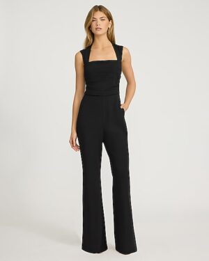 Signature Crepe Square Neck Sleeveless Ruched Flare Trouser Jumpsuit with Pockets
