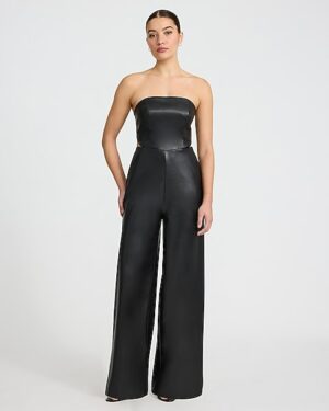 Faux Leather Strapless Cutout Wide Leg Jumpsuit with Pockets