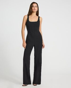 Square Neck Sleeveless Corset Wide Leg Jumpsuit with Pockets