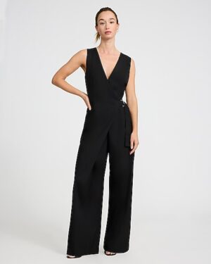 V-Neck Sleeveless Surplice Belted Wide Leg Jumpsuit
