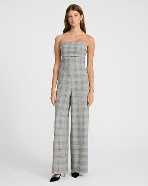 Plaid Strapless Wide Leg Jumpsuit with Pockets