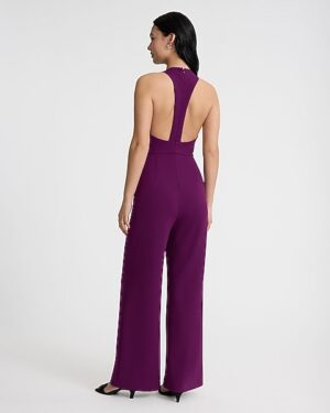Crepe Crew Neck Sleeveless T-Back Wide Leg Jumpsuit with Pockets