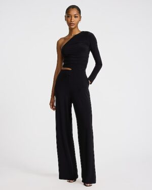 One Shoulder Ruched Cutout Wide Leg Jumpsuit with Pockets