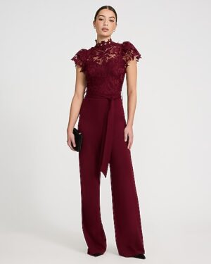 Lace Mock Neck Flutter Sleeve Tie Waist Wide Leg Jumpsuit
