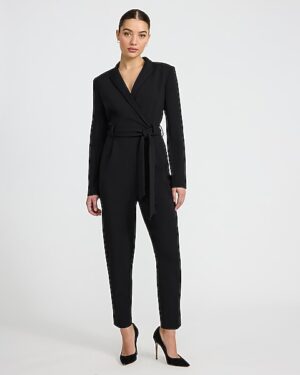 Crepe V-Neck Belted Tapered Leg Blazer Jumpsuit with Pockets