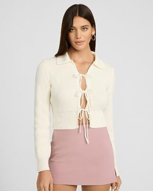 Collared Tie Front Cutout Long Sleeve Sweater