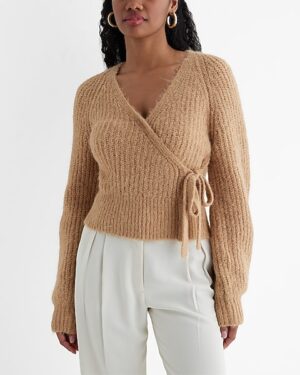 Fuzzy Ribbed Surplice Tie Sweater