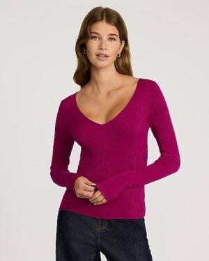 Silky Soft Fitted Ribbed Double V-Neck Sweater