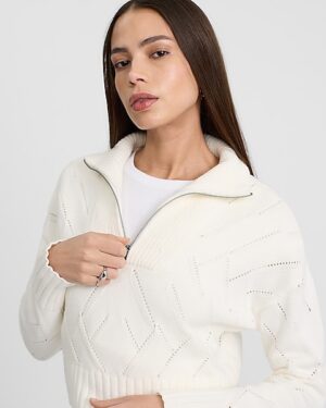 Open Knit Quarter Zip Cropped Sweater