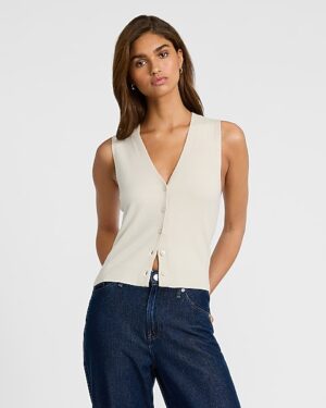 Airy Soft Skimming V-Neck Button Down Sweater Vest