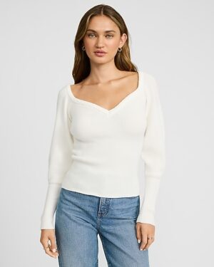 Ribbed V-Neck Long Puff Sleeve Sweater