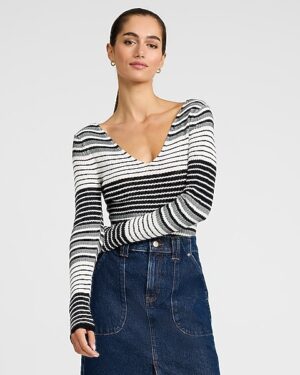 Silky Soft Fitted Textured Striped V-Neck Sweater