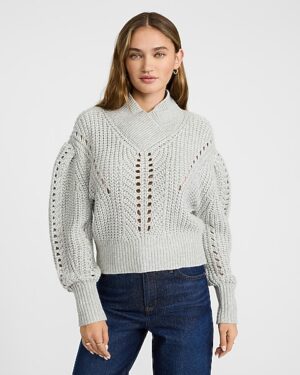 Open Stitch Shawl Neck Puff Sleeve Sweater