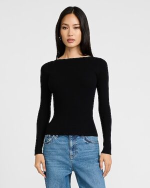 Airy Soft Fitted Ribbed Boat Neck Scoop Back Sweater
