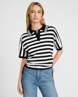 Striped Short Sleeve Cinched Hem Polo Sweater