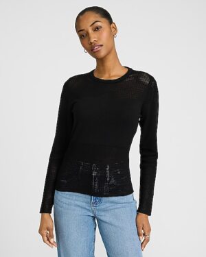 Pointelle Paneled Crew Neck Sweater