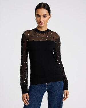 Pearl Embellished Mesh Mock Neck Sweater