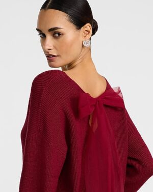 Ribbed V-Neck Bow Back Sweater