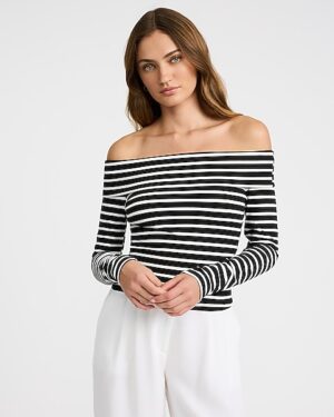 Striped Fitted Off The Shoulder Ribbed Sweater