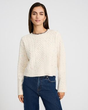 Cable Knit Flecked Crew Neck Sweater