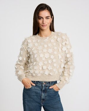 Mesh Floral Embellished Crew Neck Sweater