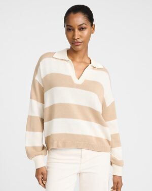 Striped Puff Sleeve Johnny Collar Sweater