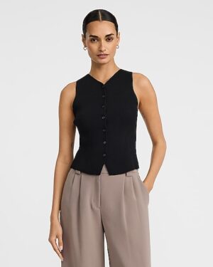 Ribbed High V-Neck Button Front Sweater Vest