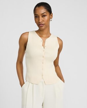 Fitted Ribbed V-Neck Button Front Sweater Vest