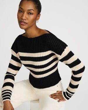 Striped Ribbed Boat Neck Sweater