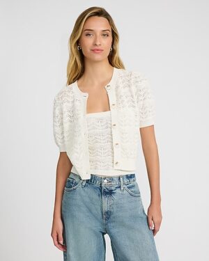 Pointelle Crochet Short Sleeve Cardigan