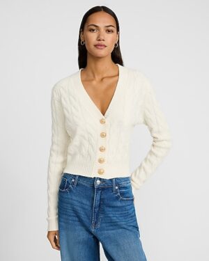 Cable Knit Novelty Button V-Neck Cardigan