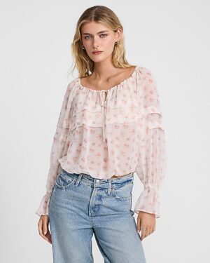 Floral Ruffle Tie Neck Long Sleeve Top