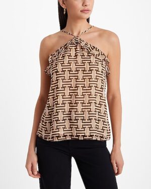 Printed Ruffle Halter Neck Tank