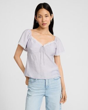Lace Trim Sweetheart Short Sleeve Tie Front Top