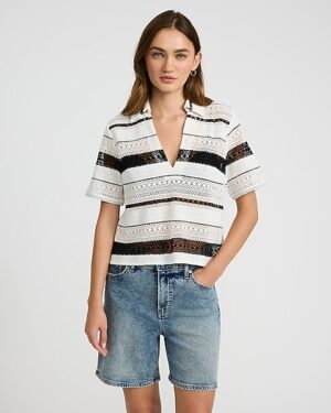 Crochet Striped Collared V-Neck Short Sleeve Top