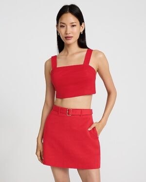 Linen-Blend Square Neck Tie Back Cropped Tank