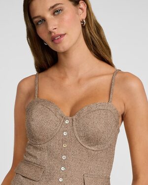 Textured Herringbone Sweetheart Button Corset Cami Vest Top