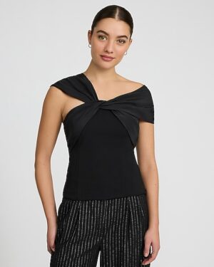 Mixed Media Off The Shoulder Twist Front Top