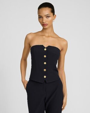 Editor Studio Stretch Twill Strapless Gold Button Front Tailored Tube Top