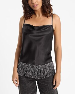 Satin Cowl Neck Fringe Hem Cami