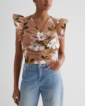 Floral V-Neck Flutter Sleeve Ruched Top