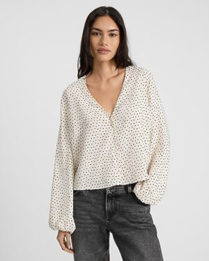 Polka Dot V-Neck Balloon Sleeve Shirt