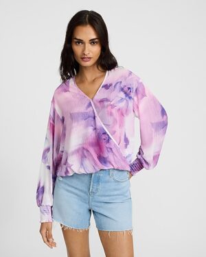 Printed V-Neck Long Sleeve Surplice Top