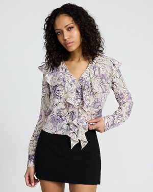 Georgette Floral Ruffle Front Long Sleeve Top