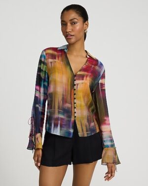 Tie Long Sleeve Button Front Top